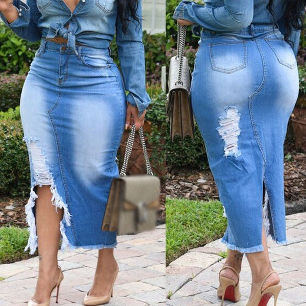 Jupe en Jean Femme Taille Haute | Jupe Fendue Déchirée Style Européen & Américain