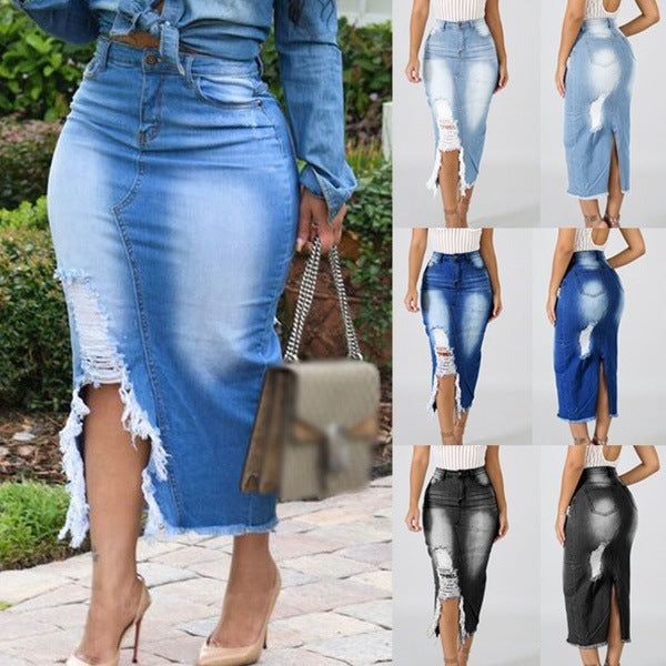 Jupe en Jean Femme Taille Haute | Jupe Fendue Déchirée Style Européen & Américain