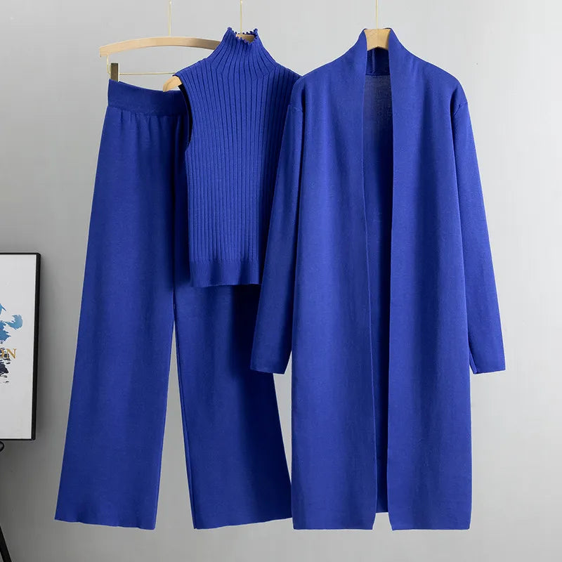 Ensemble 3 pièces pour femme : Gilet en tricot, Cardigan long et Pantalon à jambe large