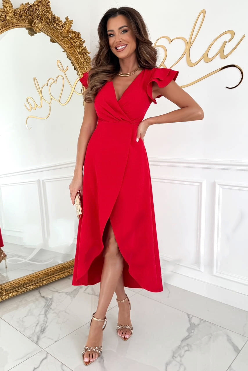 Robe asymétrique pour femme, couleur unie, col en V, manches à volants et taille cintrée.