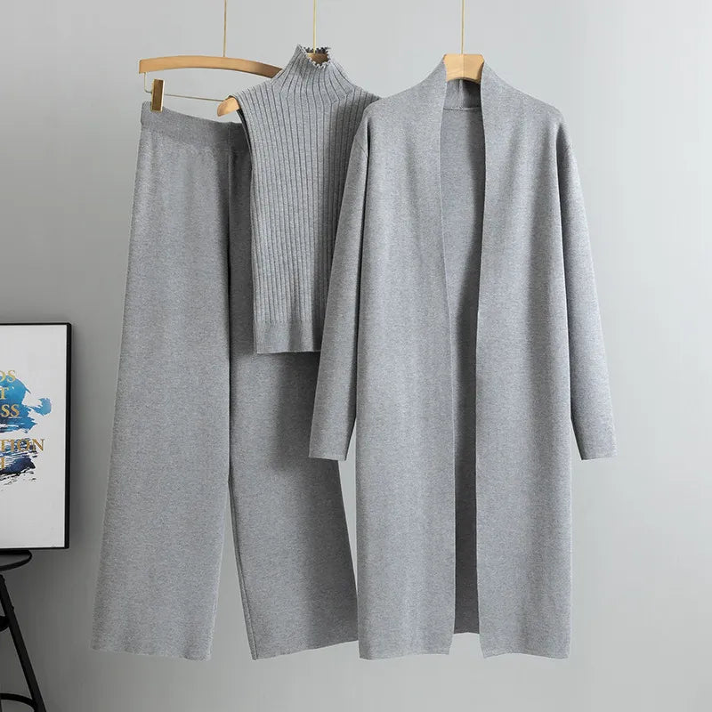 Ensemble 3 pièces pour femme : Gilet en tricot, Cardigan long et Pantalon à jambe large