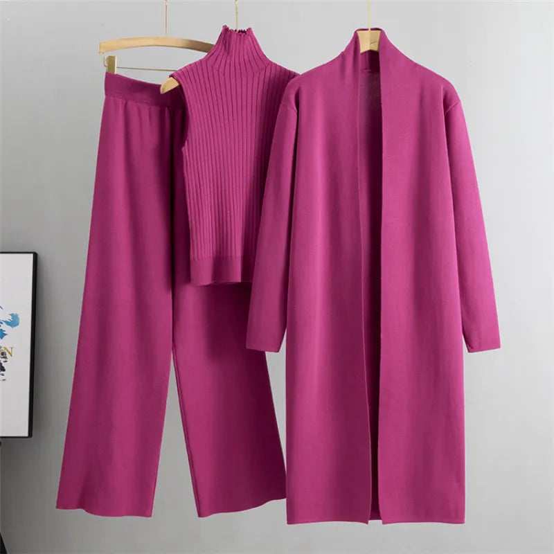 Ensemble 3 pièces pour femme : Gilet en tricot, Cardigan long et Pantalon à jambe large