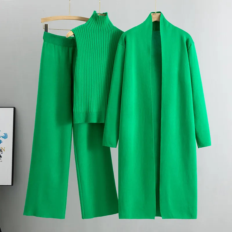 Ensemble 3 pièces pour femme : Gilet en tricot, Cardigan long et Pantalon à jambe large