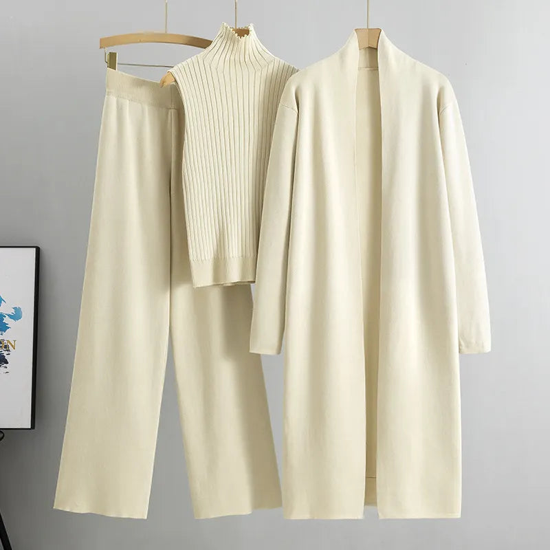 Ensemble 3 pièces pour femme : Gilet en tricot, Cardigan long et Pantalon à jambe large