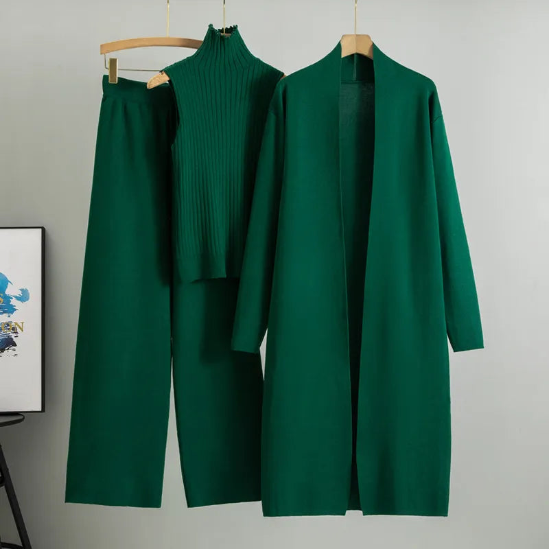Ensemble 3 pièces pour femme : Gilet en tricot, Cardigan long et Pantalon à jambe large