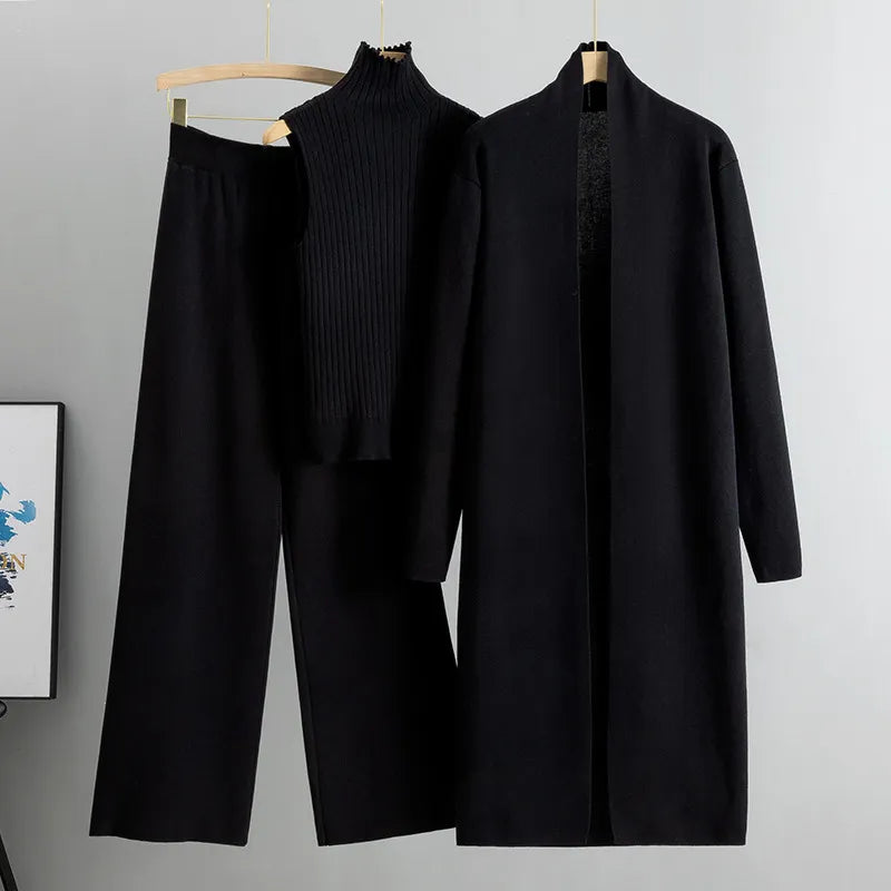 Ensemble 3 pièces pour femme : Gilet en tricot, Cardigan long et Pantalon à jambe large