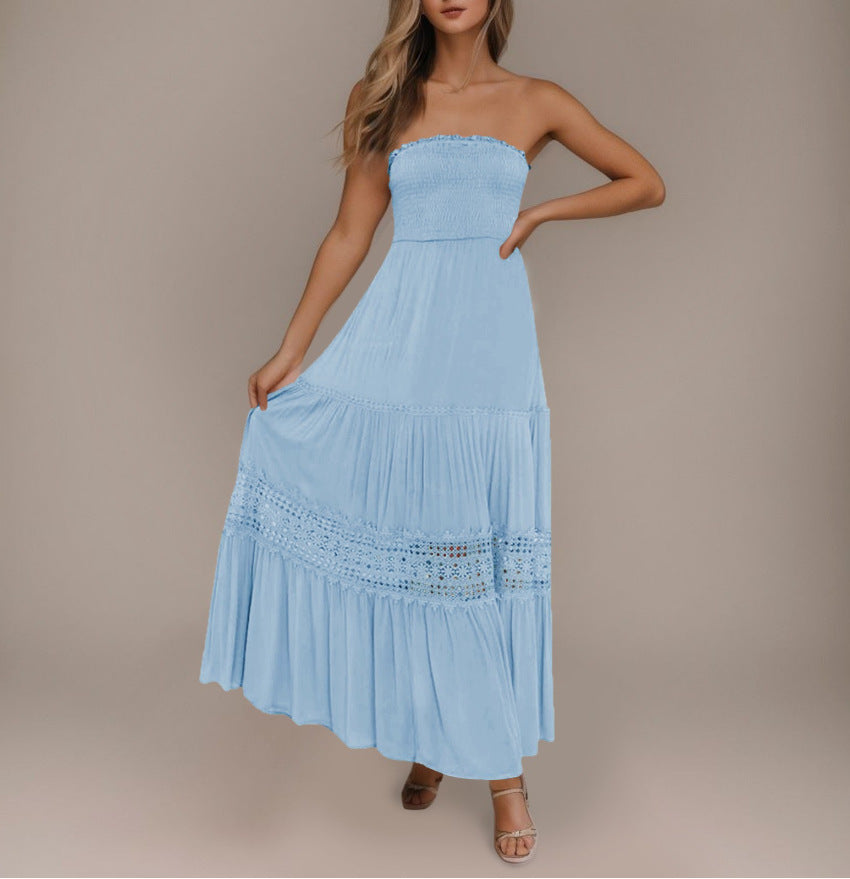 Robe longue sans manches, style bohème vintage, couleur unie, haut bandeau, taille cintrée et coupe élégante.