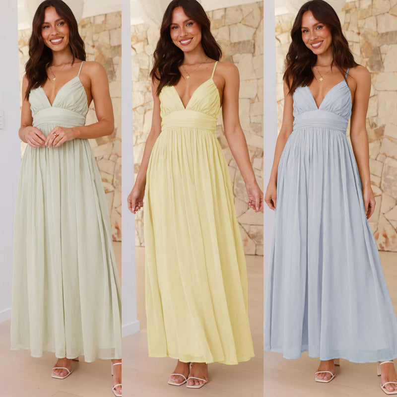Robe d'été pour femme, style européen et américain, dos nu à fines bretelles, taille cintrée, en chiffon léger, coupe fluide et élégante.
