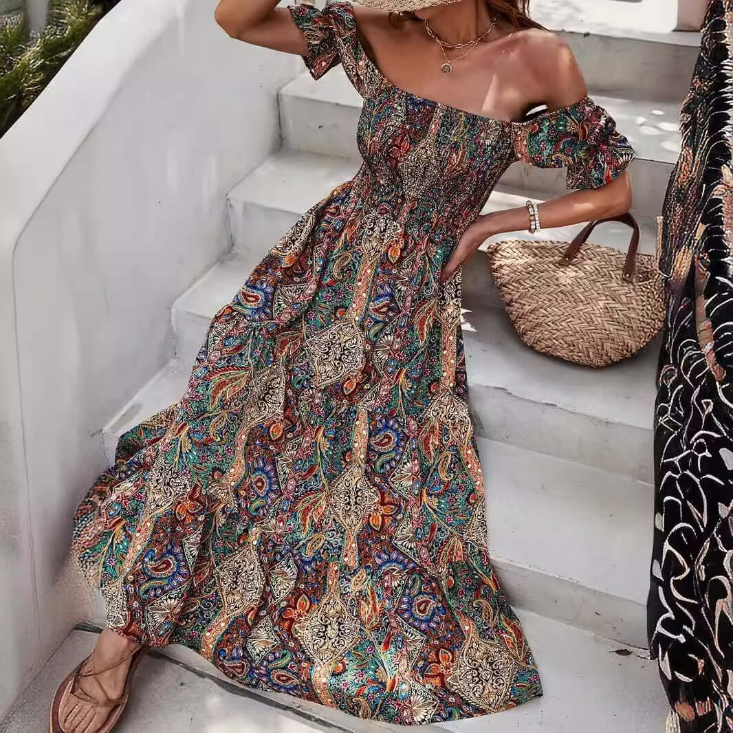 2024 European and American cross-border temu women's clothing hot sale exotic bohemian resort style one-shoulder princess sleeve dress
