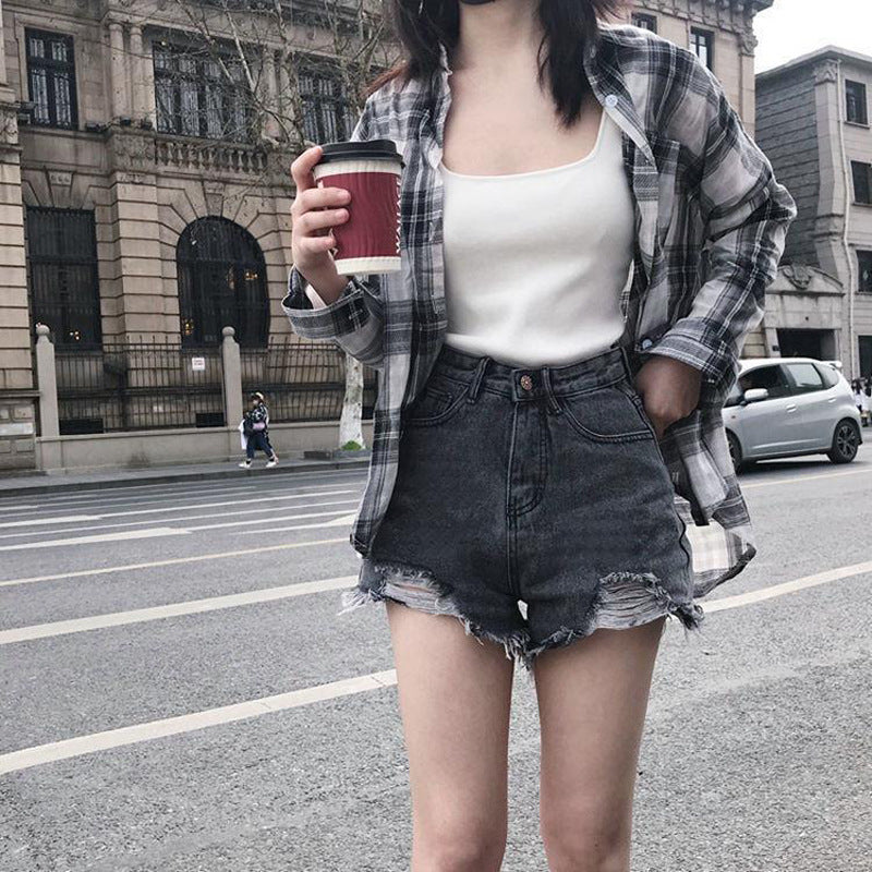 Short en Jean Femme Taille Haute, Évasé & Effet Usé