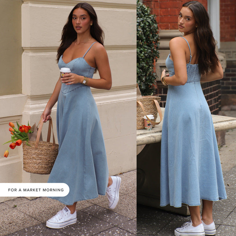 Robe d'été pour femme, style européen et américain, à bretelles, manches originales, coupe fine en imitation jean, look tendance et léger.