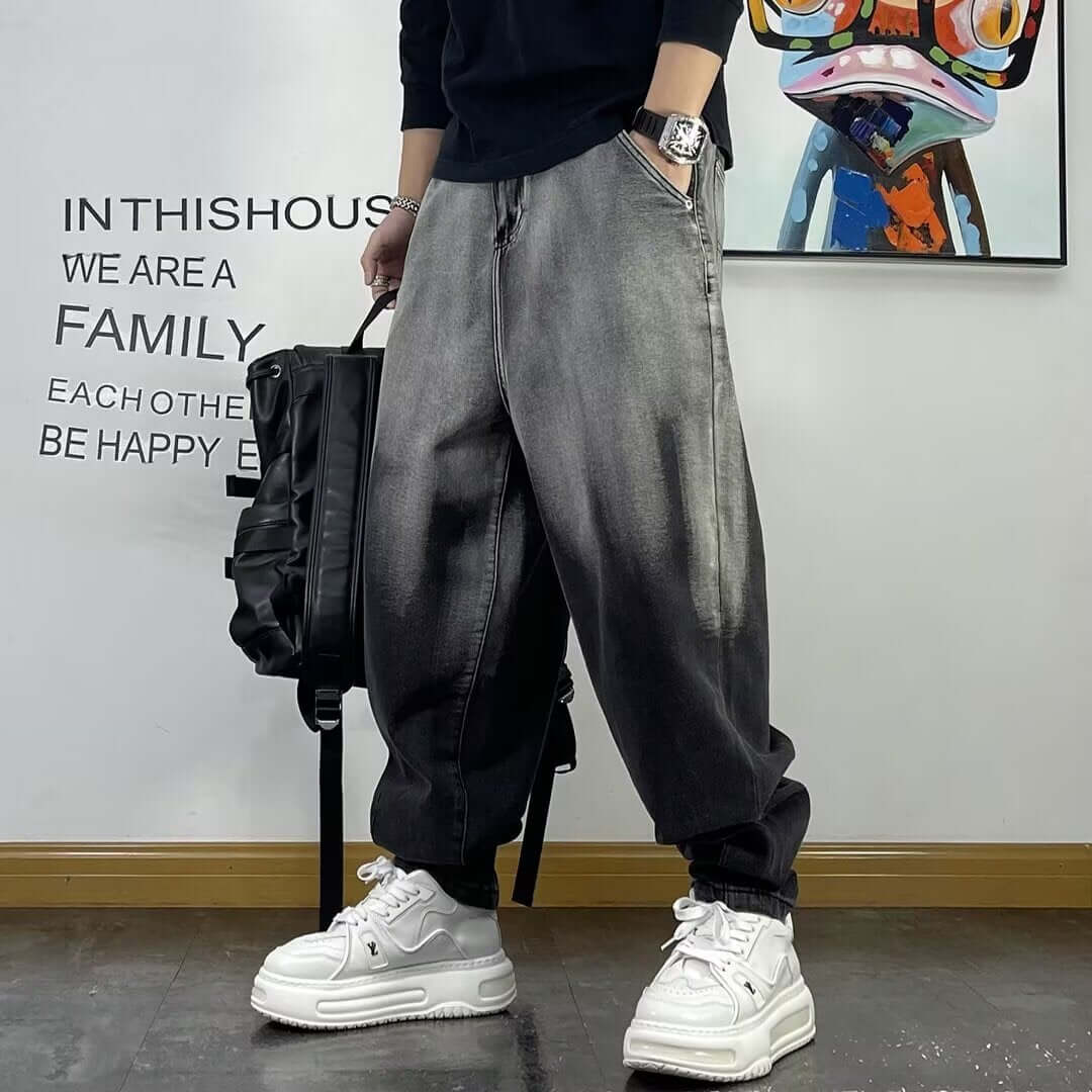 Plus size men's gradient trendy brand new versatile washed cargo jeans men's loose and fat wide-leg pants