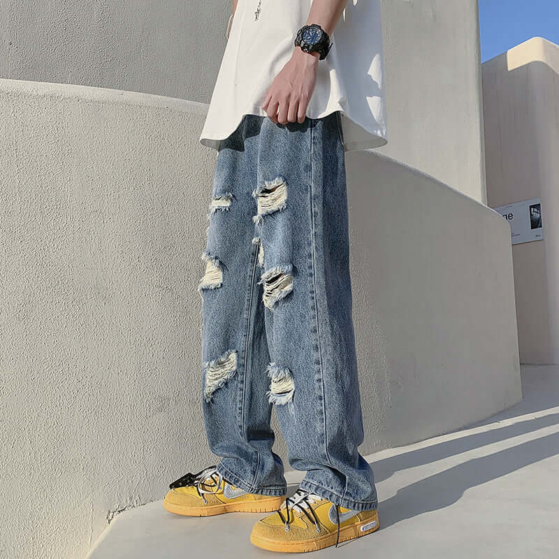 Ripped jeans, men's summer ins, high street, loose beggars, wide-leg pants, design sense, niche trendy brand straight pants