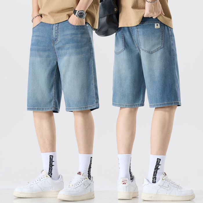 Short mi-long en denim Tencel pour homme Taille élastique, coupe ample et tendance, style décontracté