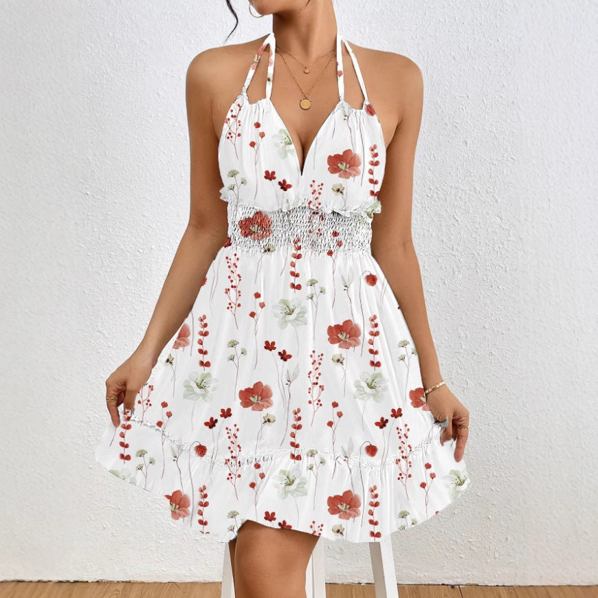 Robe femme imprimée, style européen et américain, coupe sexy avec bretelles fines et col halter.