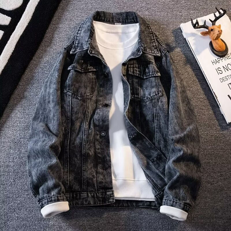 Veste en jean vintage jacquard pour homme, coupe ample et décontractée