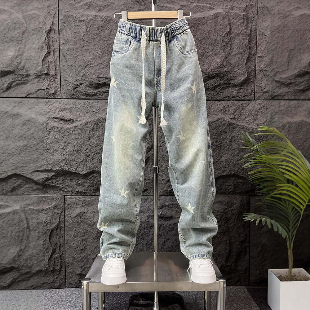 Loose straight leg jeans, men's spring, American, retro, trendy, casual trousers, men's trend, wide-leg, floor-length trousers