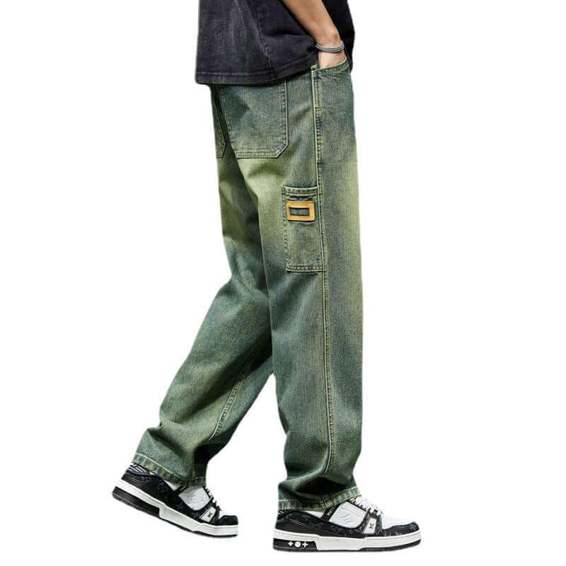 Korean version of cargo jeans spring and autumn new men's loose and versatile straight pants trend high-waisted men's pants four seasons