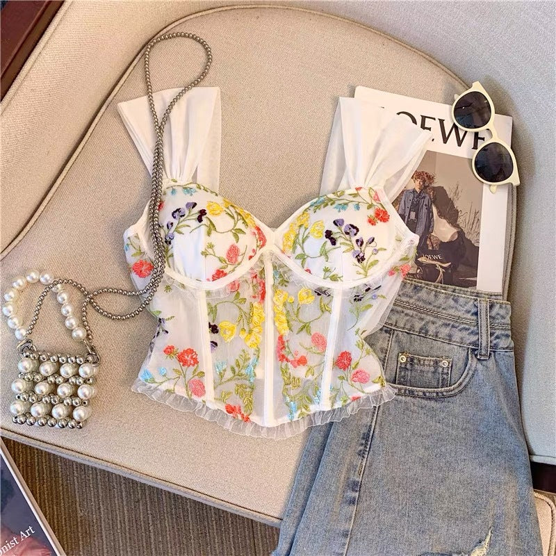 Embroidered Lace Sling Beautiful Back With Chest Pad Fishbone Short Vest