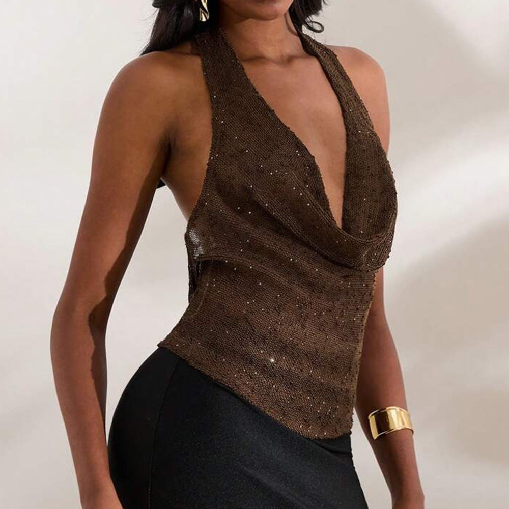 Top Brillant Dos Nu Femme Col V & Effet Transparent Chic