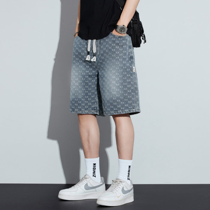 Short en denim imprimé pour homme Taille élastique, coupe courte et légère, style tendance et décontracté