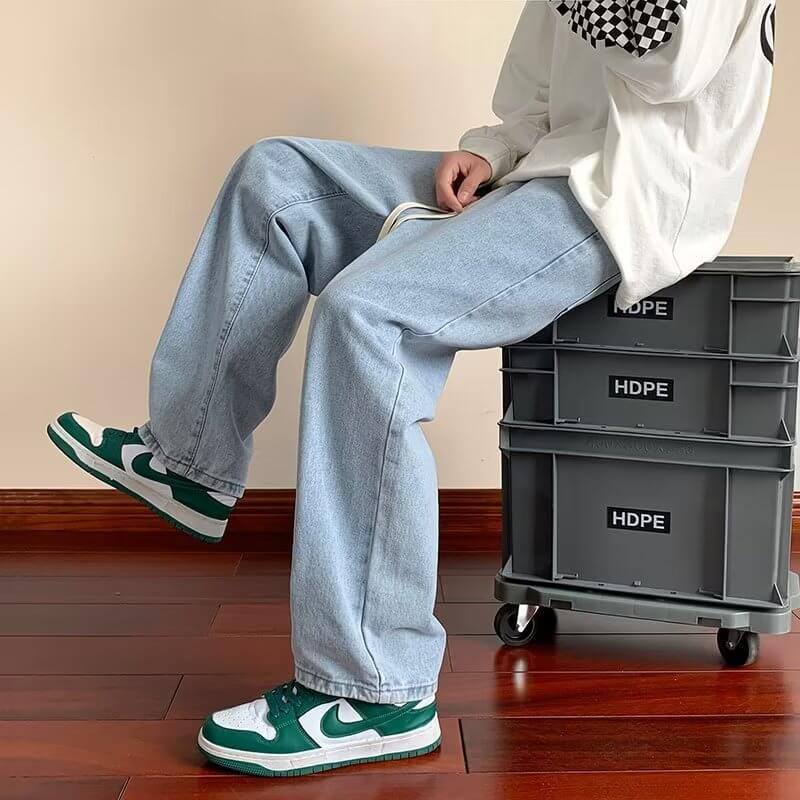 Shopee with black and gray jeans men's summer loose straight-leg trousers, trendy brand high street vibe style pants men
