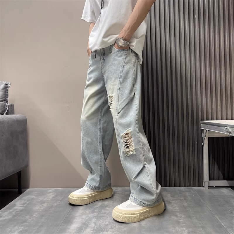 Cross border men's ripped jeans, American retro yellow mud washed ripped jeans, men's summer thin jeans, men