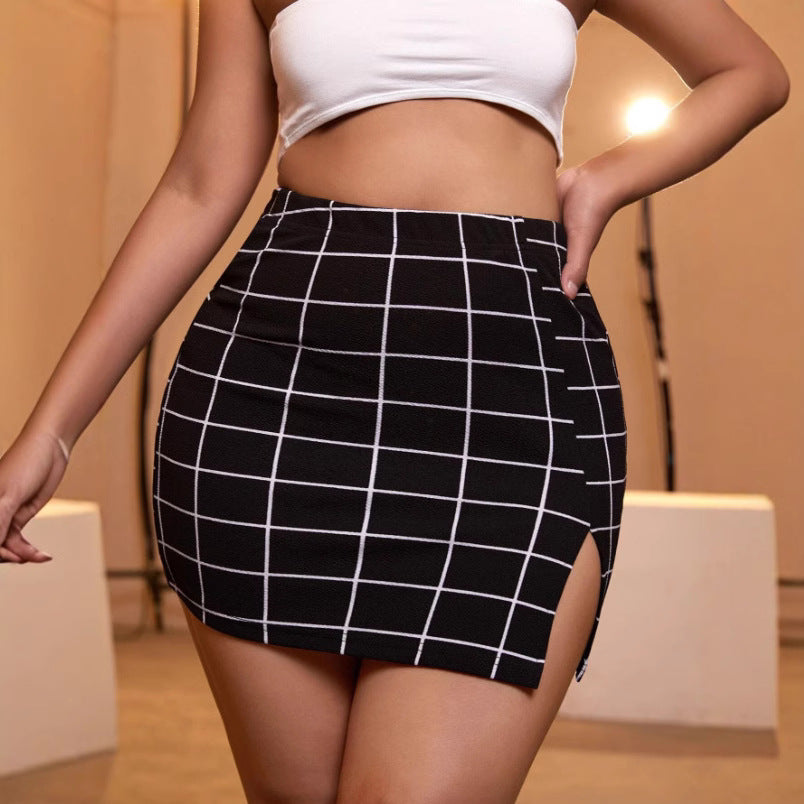 Jupe Moulante Contrastée Taille Haute à Fente Sexy & Motif Rayures/Carreaux