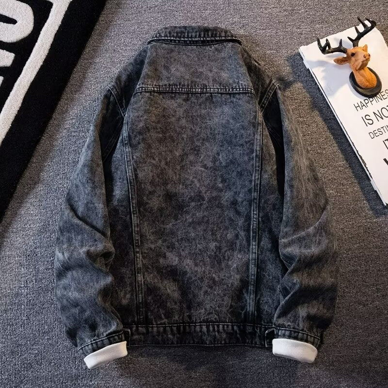 Veste en jean vintage jacquard pour homme, coupe ample et décontractée