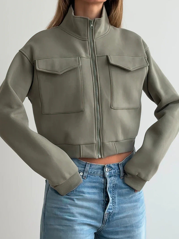 Veste Femme Décontractée Mode Européenne & Américaine, Uni, Fermeture Zippée, Manches Longues, Poches Décoratives