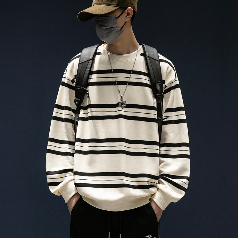 T-shirt à manches longues rayé en coton pour homme Style décontracté, idéal comme haut ou sous-couche