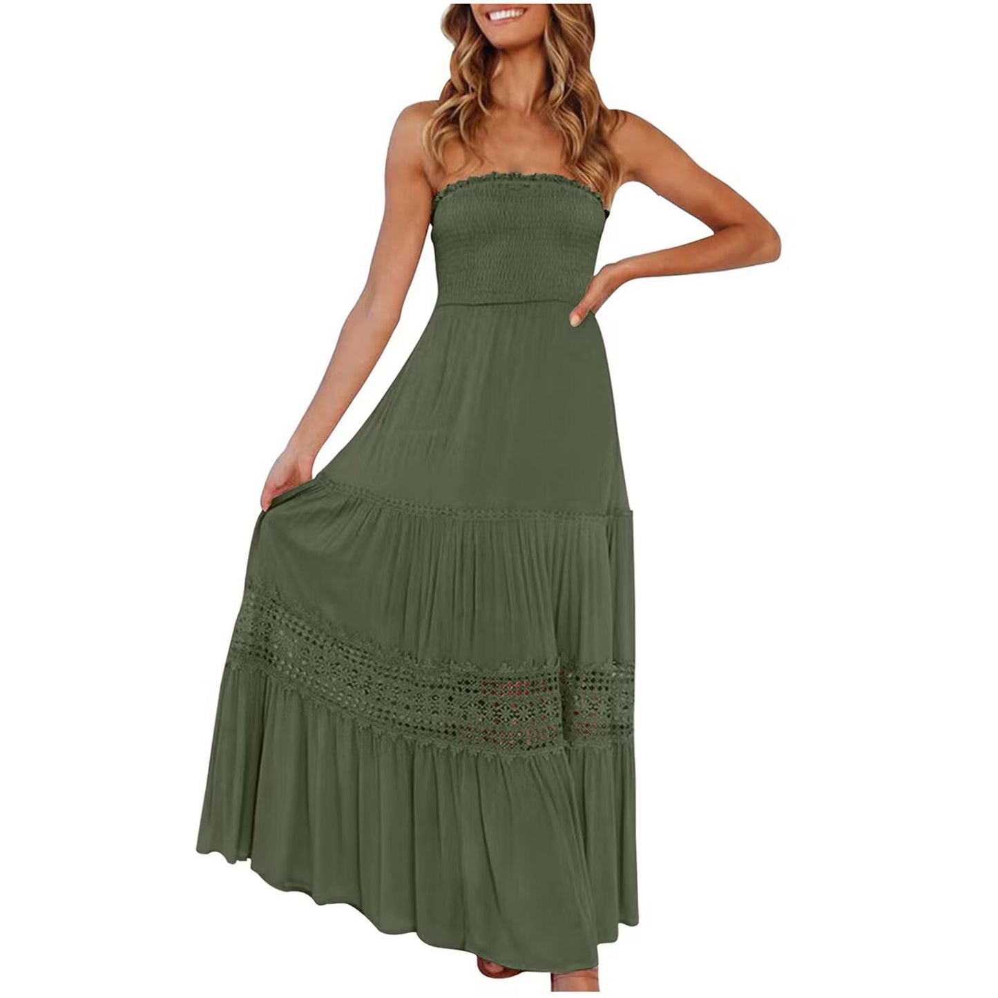 Robe longue sans manches, style bohème vintage, couleur unie, haut bandeau, taille cintrée et coupe élégante.