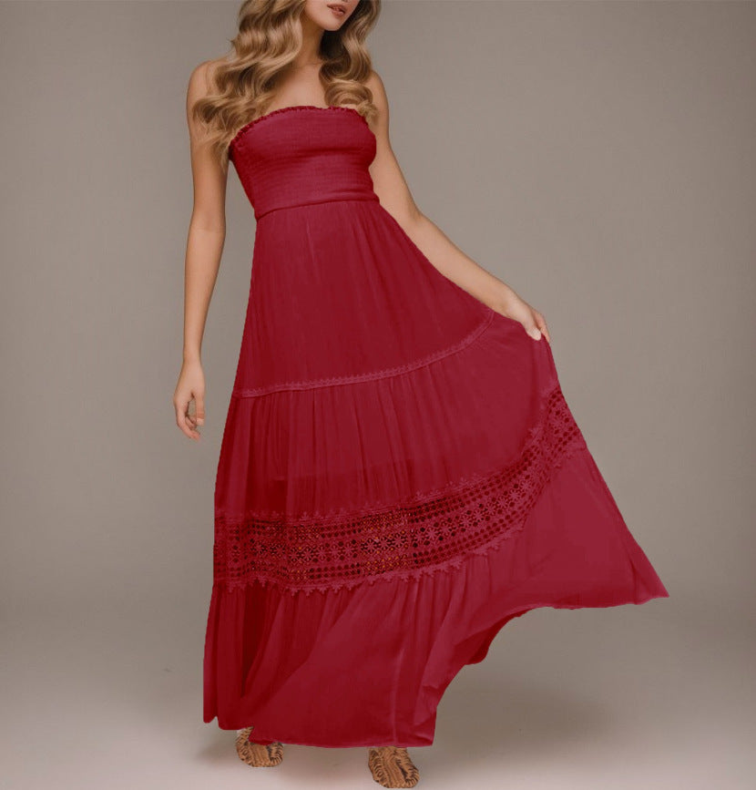 Robe longue sans manches, style bohème vintage, couleur unie, haut bandeau, taille cintrée et coupe élégante.