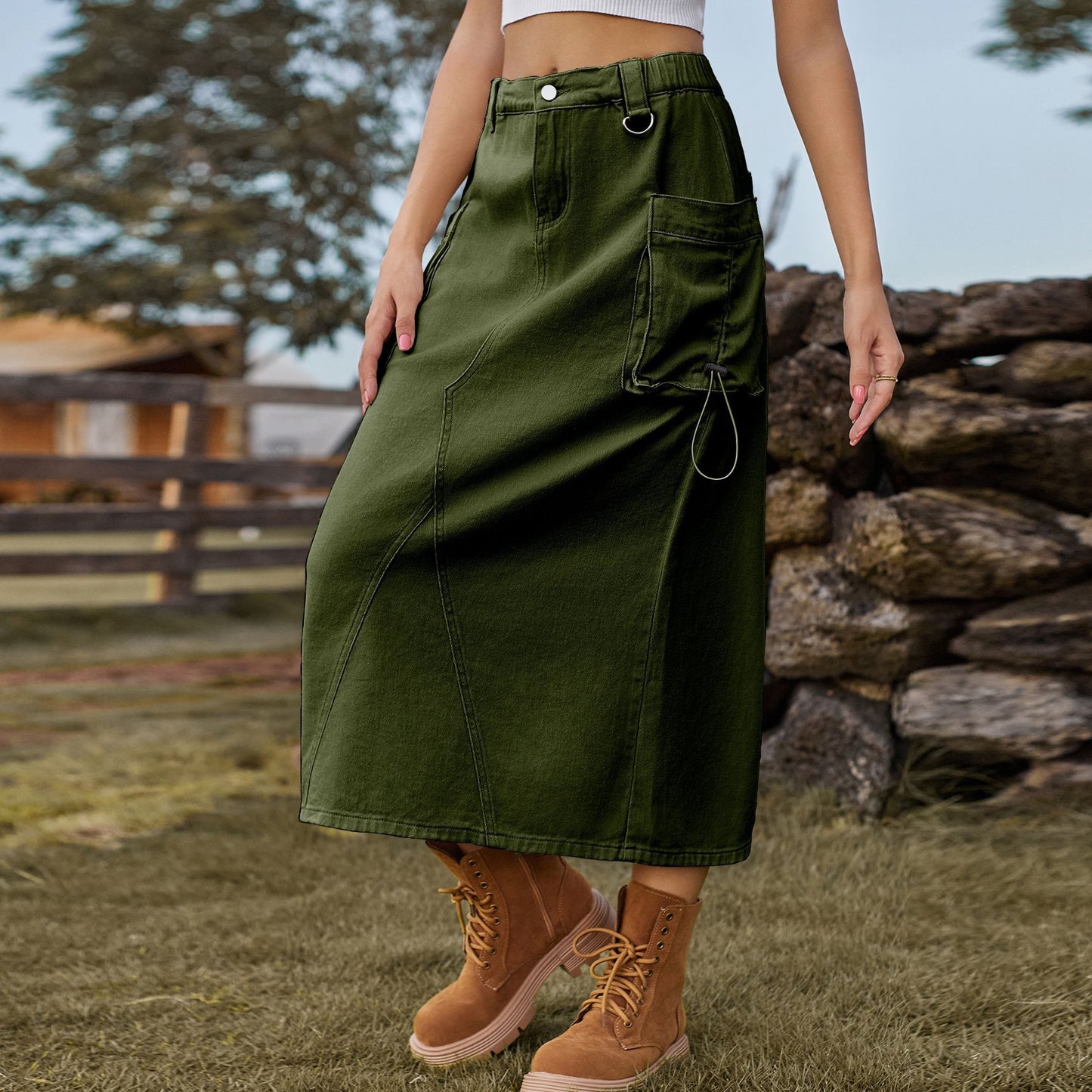 Jupe Midi en Jean Style Workwear Look Vintage Décontracté