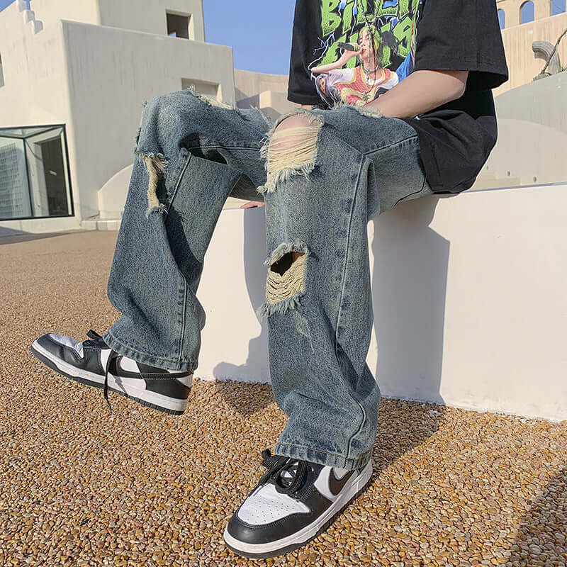 Ripped jeans, men's summer ins, high street, loose beggars, wide-leg pants, design sense, niche trendy brand straight pants