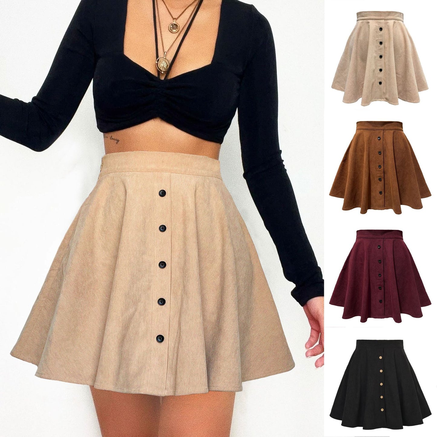 Jupe Trapèze en Velours Côtelé Taille Haute & Style Doux pour lAutomne/Hiver