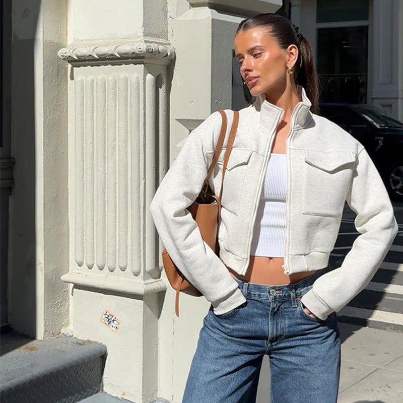 Veste Femme Décontractée Mode Européenne & Américaine, Uni, Fermeture Zippée, Manches Longues, Poches Décoratives