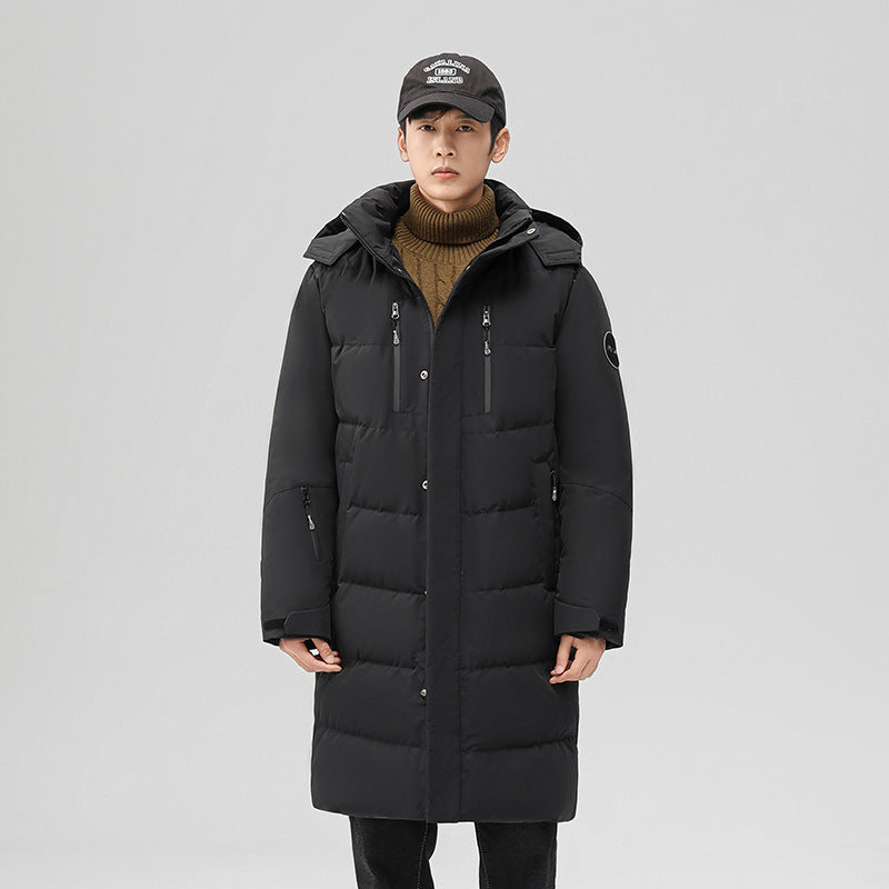 Medium length down jacket men's winter 2024 new trendy brand cold-proof thickened warm winter over-the-knee hooded jacket