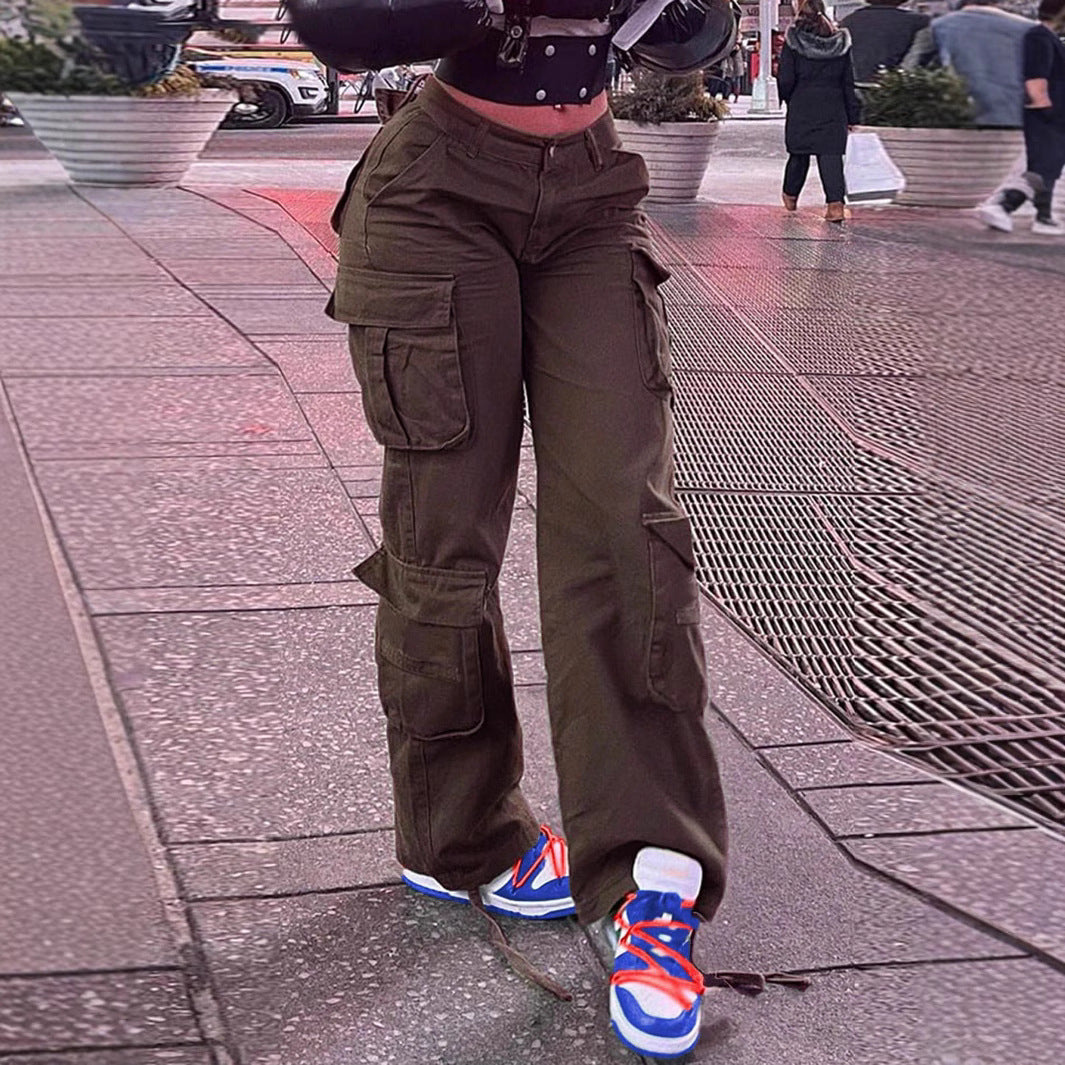 Pantalon cargo femme style américain rétro Multi-poches, coupe décontractée, inspiration tactique