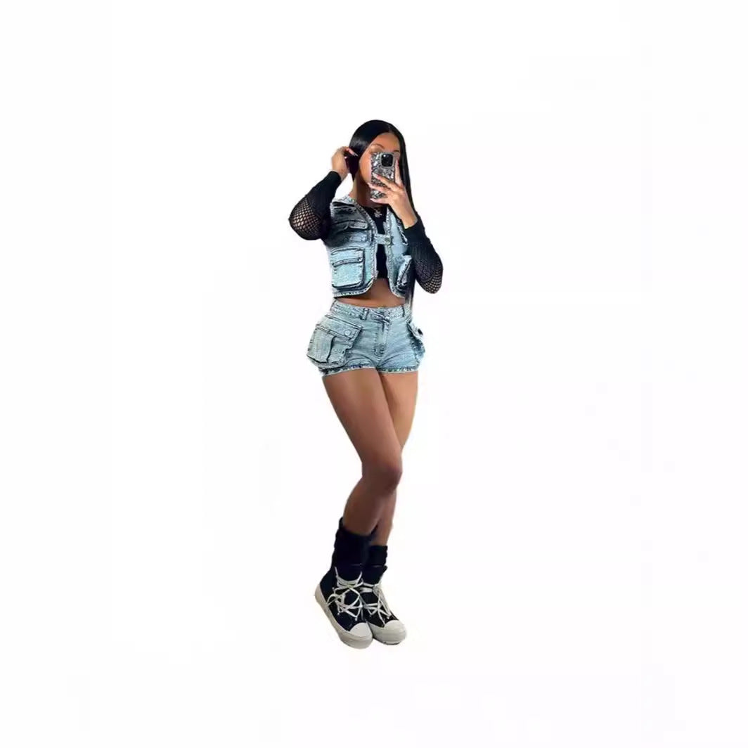 Ensemble Femme Débardeur & Short en Jean Stretch à Multi-Poches
