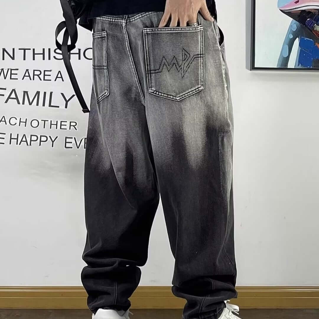 Plus size men's gradient trendy brand new versatile washed cargo jeans men's loose and fat wide-leg pants