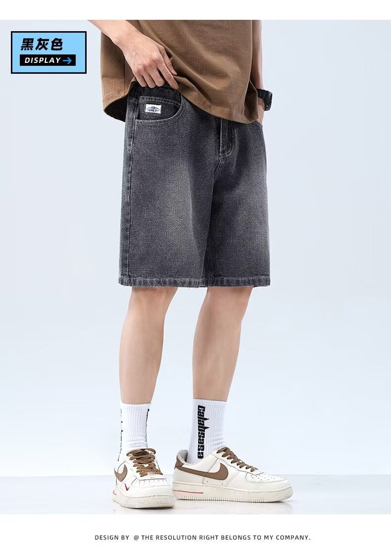Summer new retro denim cropped shorts men's loose wide-leg niche design sense straight pants trend ins