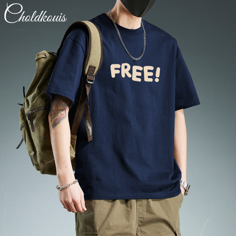 T-shirt homme en coton épais manches courtes, imprimé sobre, coupe ample et confortable