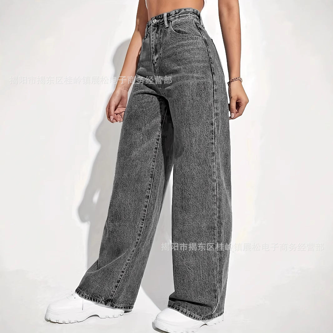 Jean droit femme Coupe large, effet délavé vintage, style rétro décontracté, pantalon polyvalent mode