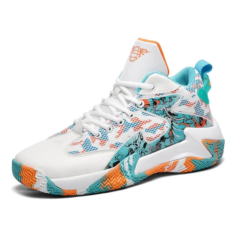Baskets de basketball en mesh respirant, antidérapantes avec absorption des chocs, résistantes à l’usure, style ballon avec motif graffiti, sneakers jeunesse au style original.