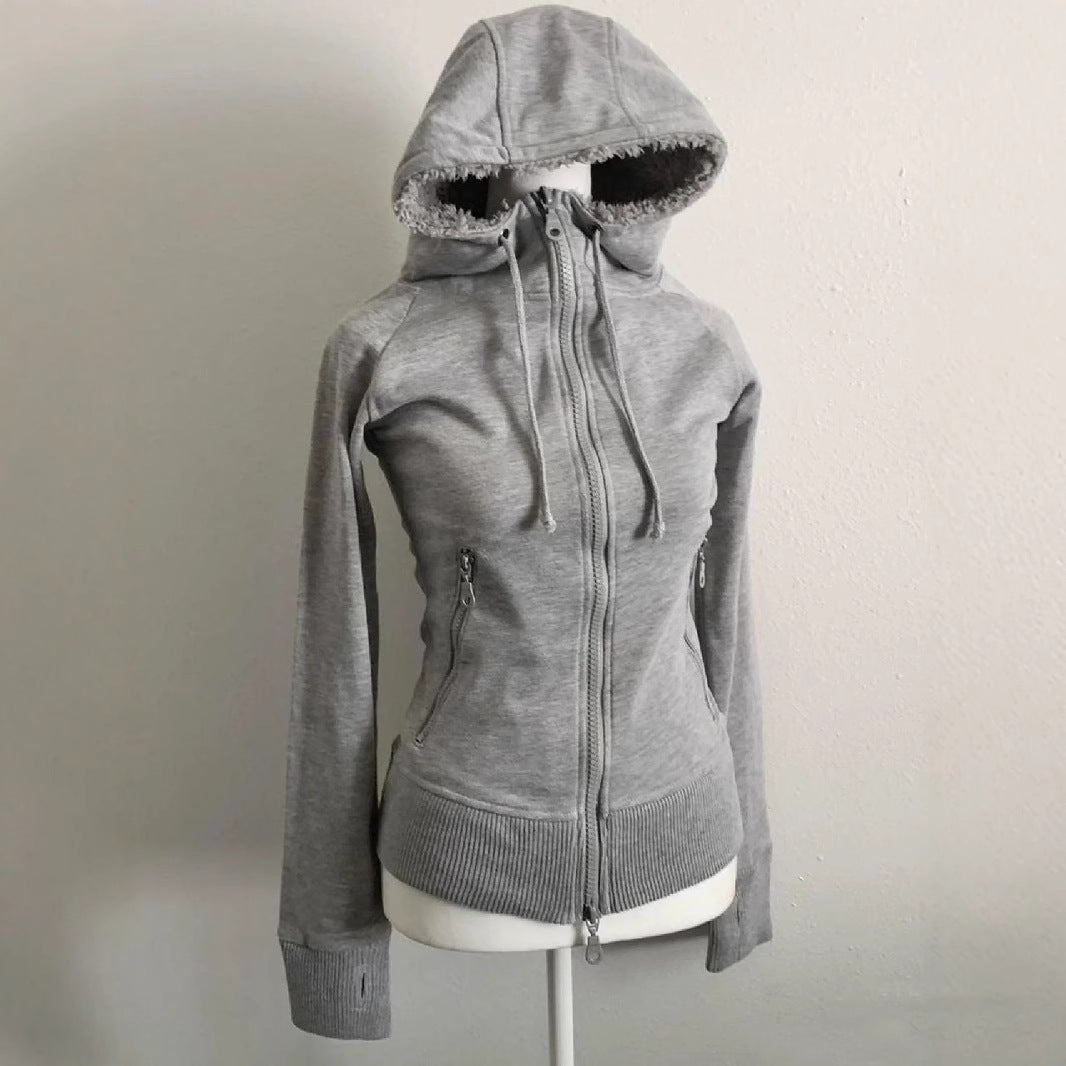 Cardigan vintage à capuche pour printemps et automne En laine dagneau grise, double fermeture éclair, taille cintrée, style rétro et chic