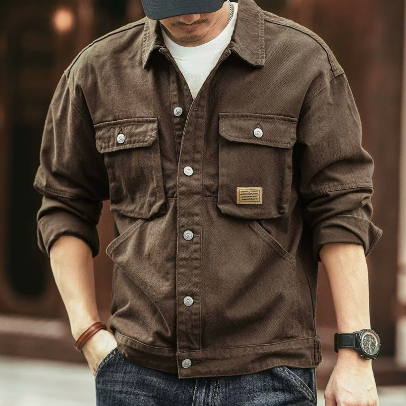 Veste en jean rétro pour homme style américain, épaisse et délavée, inspiration workwear