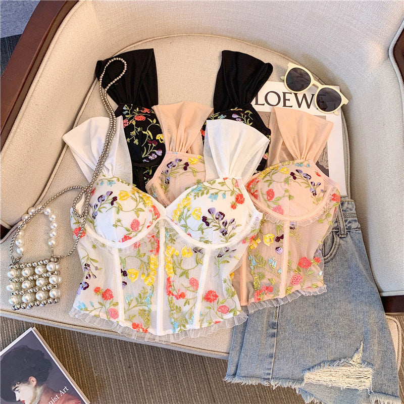 Embroidered Lace Sling Beautiful Back With Chest Pad Fishbone Short Vest