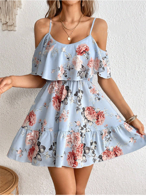 Robe camisole plissée, style bohème classique et doux, motif imprimé, épaules dénudées, inspirée de la mode européenne et américaine.