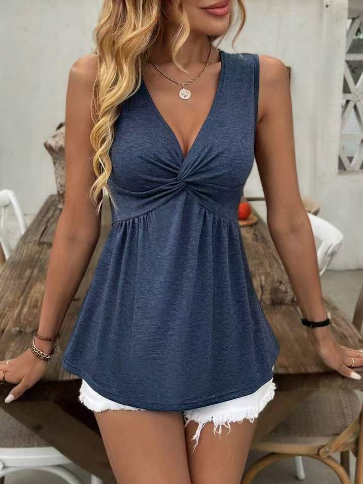 Débardeur Femme à Col V Style Élégant & Taille Plissée